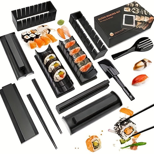 Set of 10 pieces for making sushi at home - Includes plastic sushi roller, rice mold, spreader, and other kitchen tools - Ideal for school lunches and home cooking essentials.