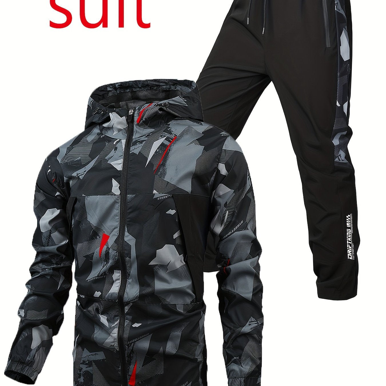 Men's camo sportswear set - includes hooded jacket and pants with zipper pockets, stretch fabric, machine washable - ideal for fall and winter casual fashion.