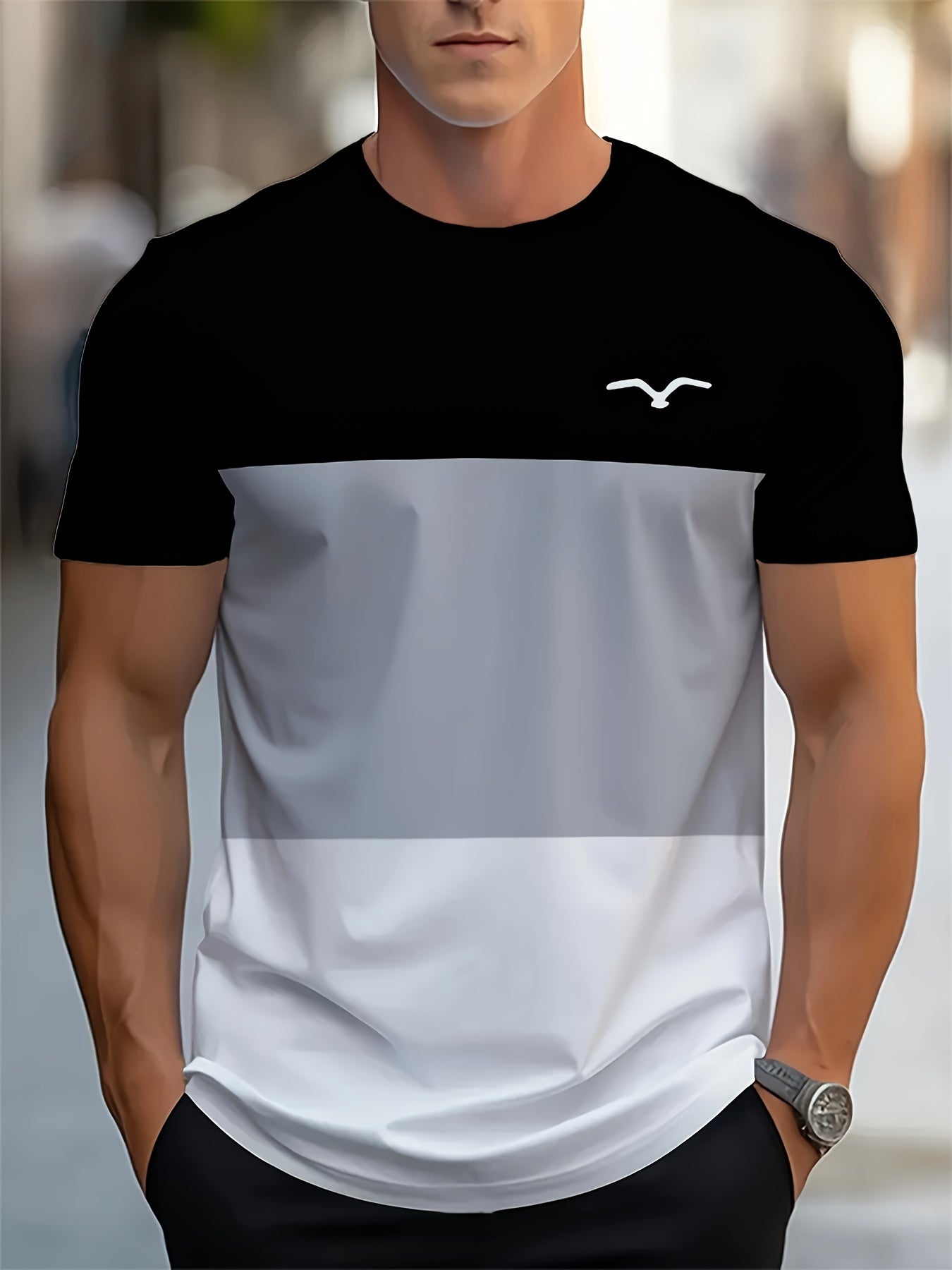 Men'S Color Block Round Neck Short Sleeve T-Shirt - Casual Summer Sports Top, Polyester Knit Fabric, Adult Unisex, Thin Version for Summer