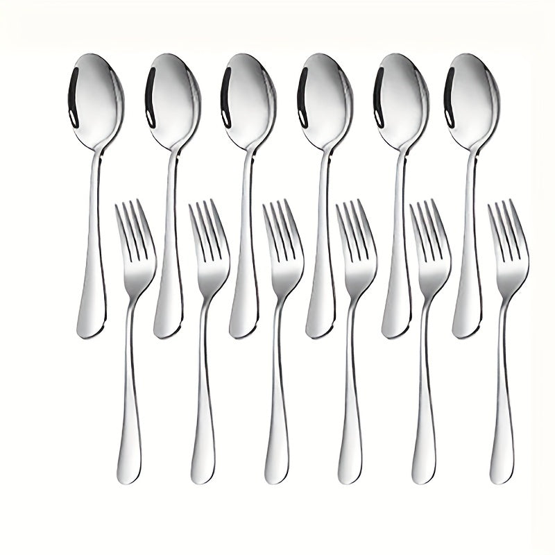 Set includes: 2 pieces - 1 fork and 1 spoon / 6 pieces - 6 forks and 6 spoons. Features salad forks and dinner spoons, mirror polished finish. Safe for dishwasher. Ideal for home, restaurants, and parties.