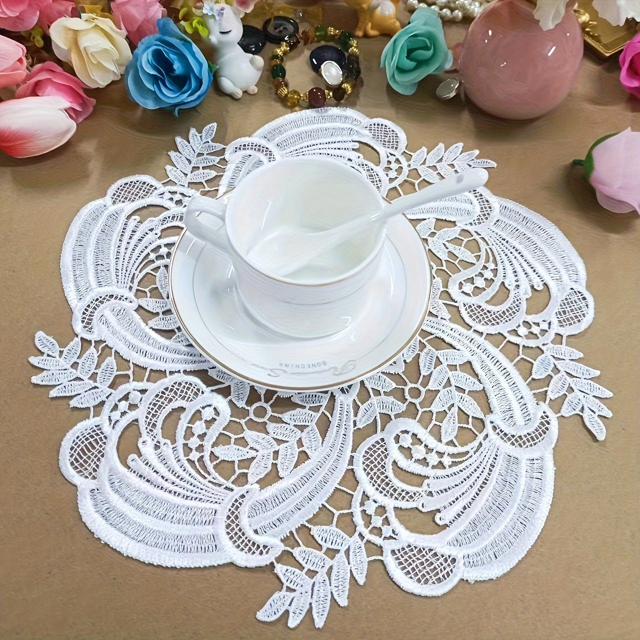 Elegant European lace coaster set for table protection.