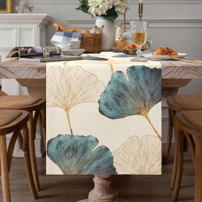 Durable blue green golden ginkgo leaf pattern table runner for rustic farmhouse decor.