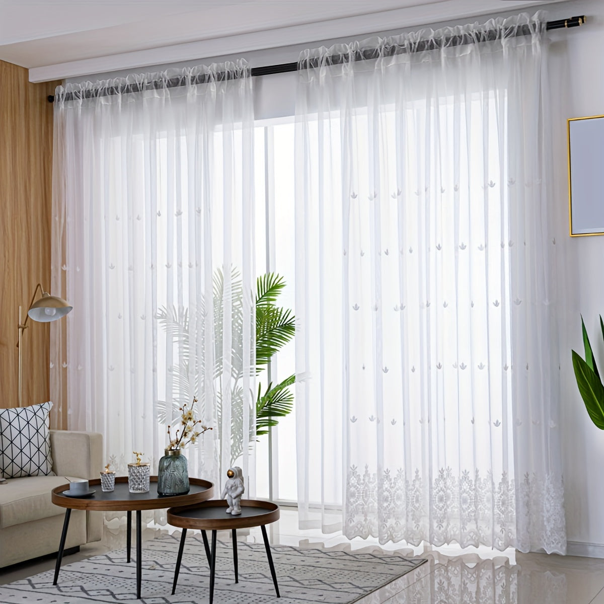 Modern embroidered sheer curtain made from 100% polyester with a rod pocket design, perfect for living room or bedroom. Features a geometric pattern and should be hand washed only. This decorative unlined mesh fabric provides a pastoral style that is