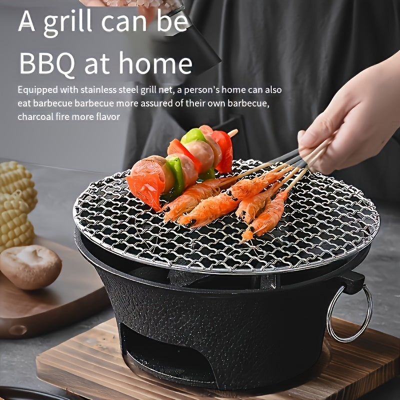 Handcrafted Cast Iron Charcoal Grill Stove with Mesh Net and Traditional Au Gratin Pan – Versatile BBQ for Home and Travel – Ideal for Teapot Heating, Perfect for Indoor and Outdoor Cooking – Requires Handwashing.