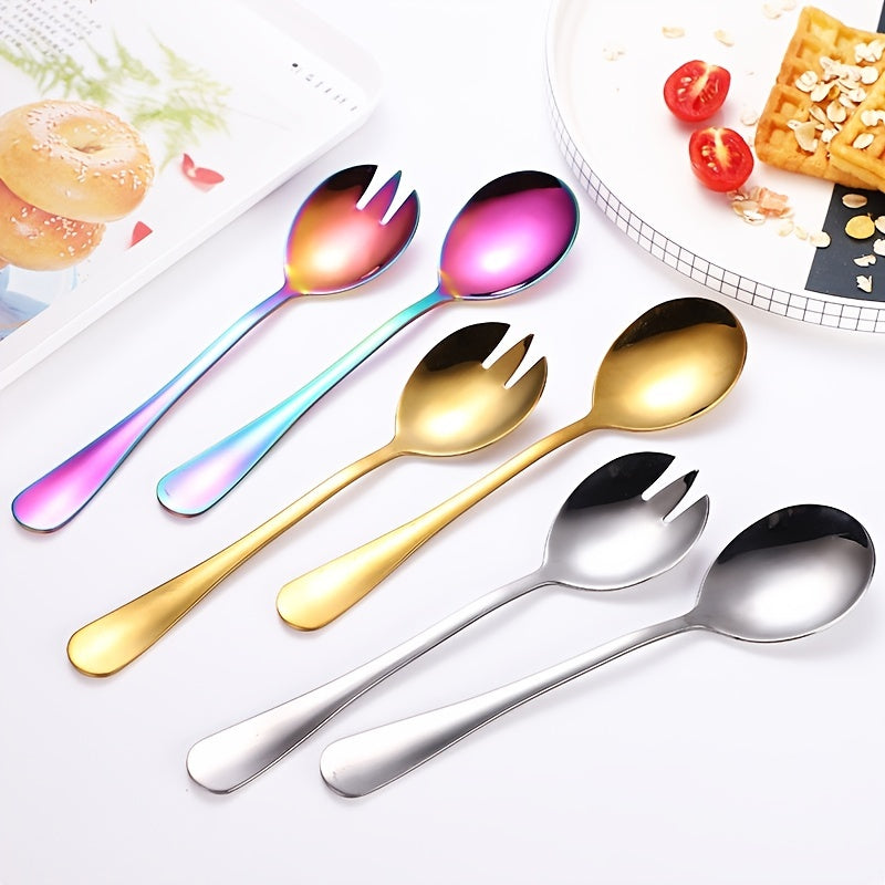 Set of 2 gold-plated stainless steel salad utensils for various dishes.