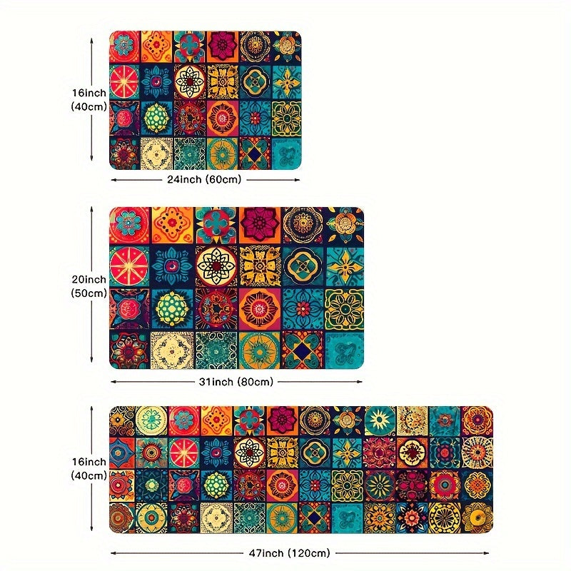 1pc Bohemian Square Floor Mat, Non-Slip, 8mm Thick, Machine Washable Polyester - Ideal for Various Indoor and Outdoor Spaces