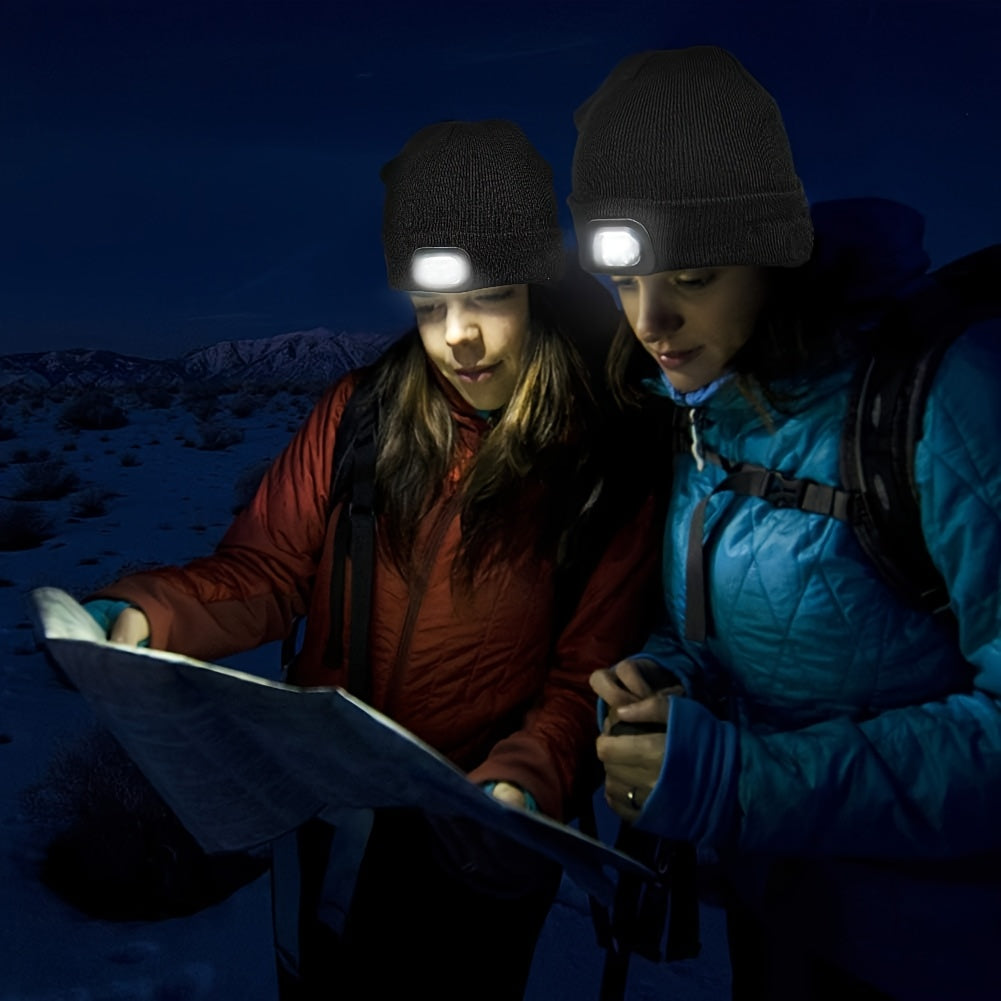 One piece of unisex beanie hat with LED light, featuring 4 LED lights powered by button cell batteries. This knitted hat allows for hands-free illumination, making it perfect for night walking, fishing, camping, and hunting.