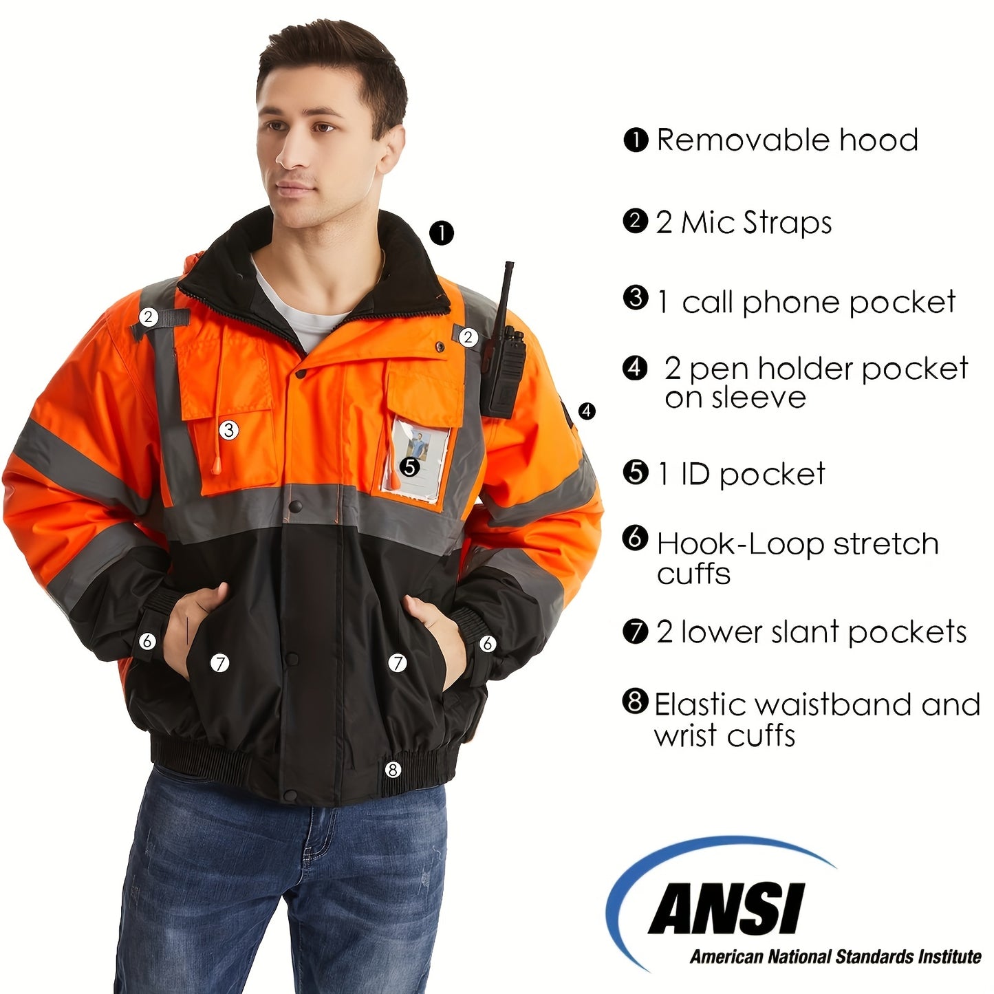 High visibility reflective safety jackets with pockets for men and women, waterproof and suitable for cold weather construction work. Work coats by DP Safety.