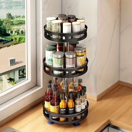 360° Rotating Kitchen Organizer with Adjustable Height - Metal Spice Rack featuring Storage Lazy Susan. This minimalist design offers efficient space management for your kitchen and bathroom. Food contact safe and no electricity needed.