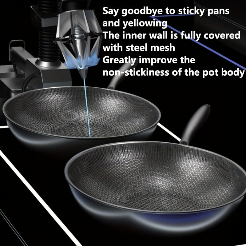 Stainless Steel Wok Pan with Glass Lid - Non-Stick, Easy to Clean, Suitable for Induction & Gas - Hand Wash Only - Includes Lid - Perfect for Cooking Fish, Eggs, Steak - Must-Have Kitchen Item