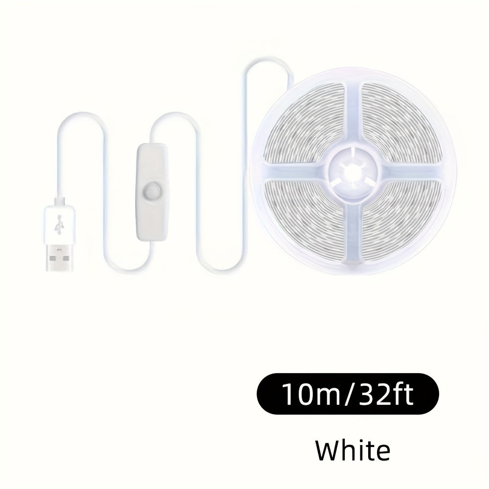 15.24m/9.75m/4.88m/99.97cm USB LED strip lights with white/warm white LEDs. Has switch button, flexible, cuttable, and can be pasted. Ideal for TV background lighting and party DIY lighting.