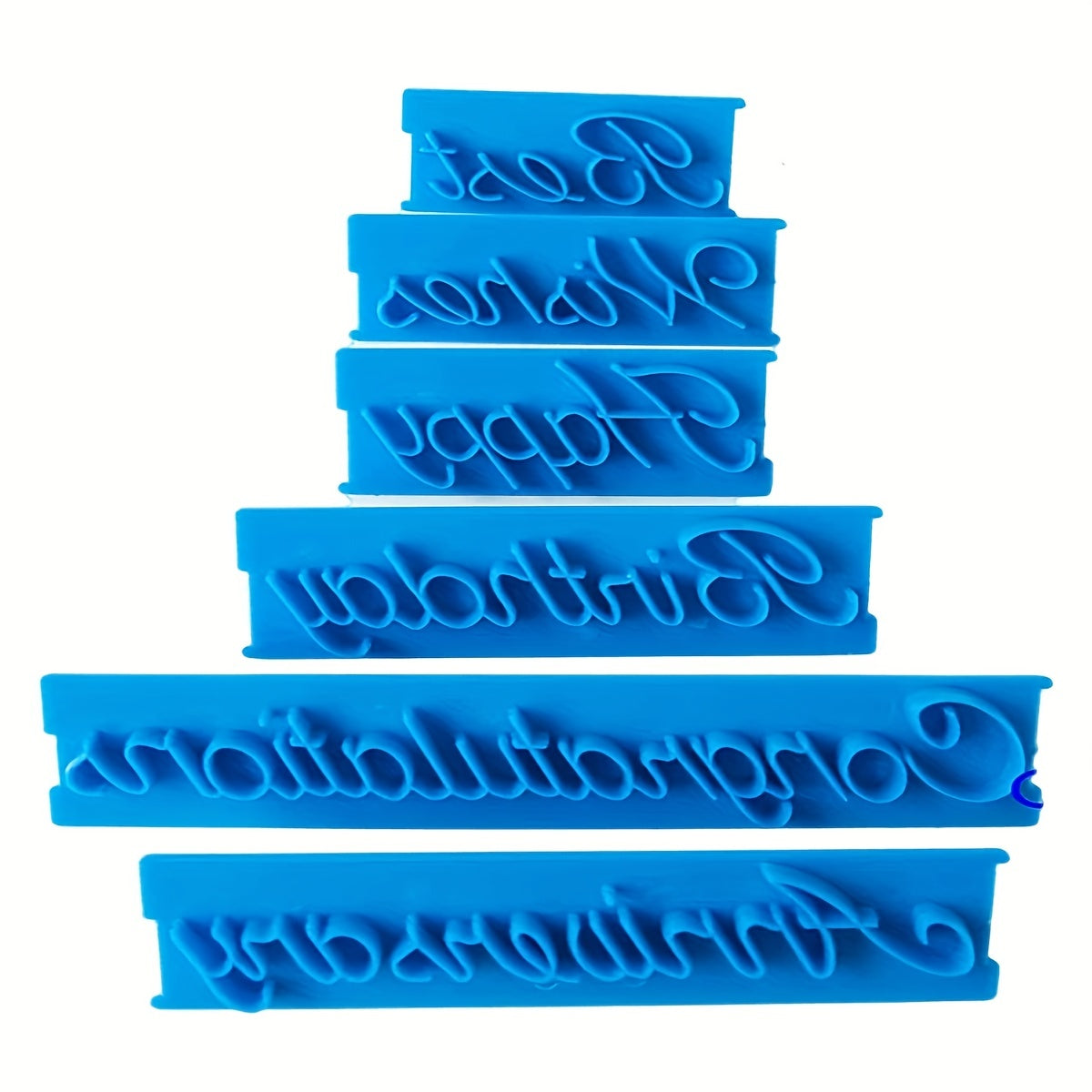 Cake press mold with creative alphabet design, ideal for decorating birthday cakes in the kitchen. Includes 6 pieces.