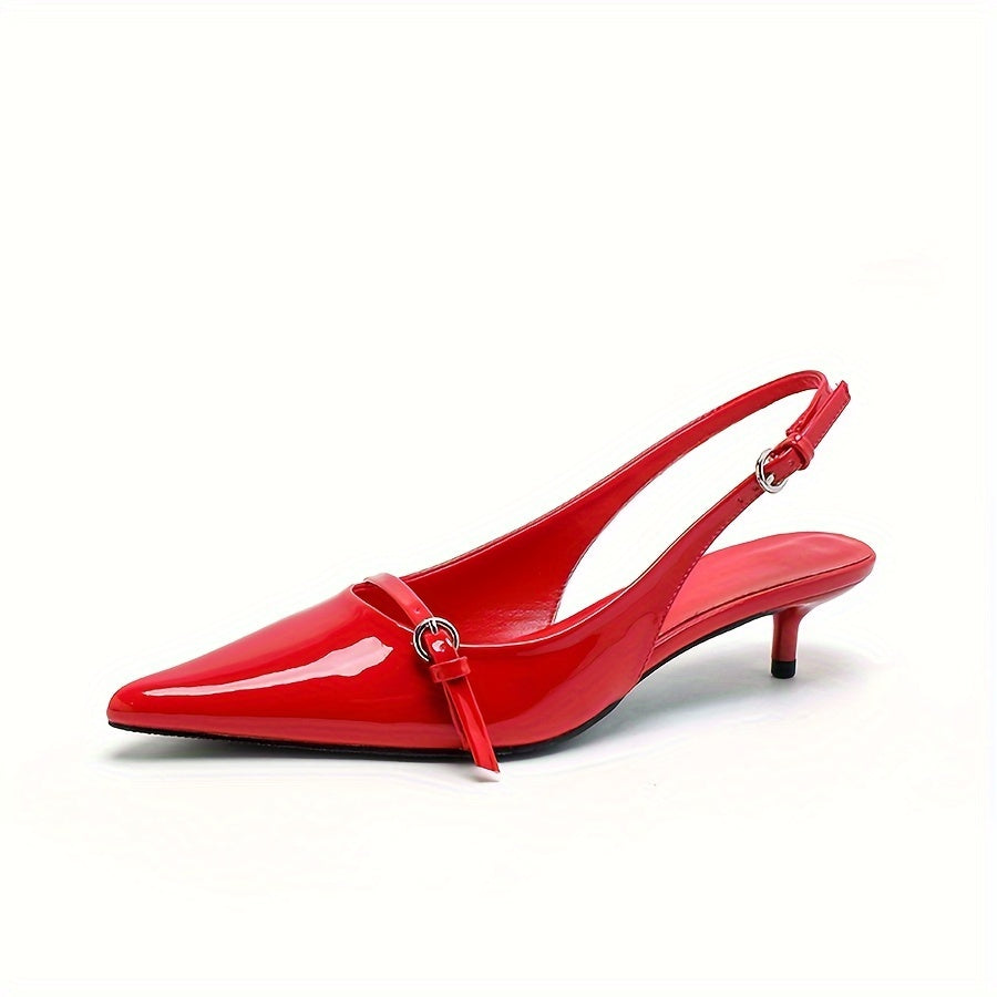 Red pointed-toe stiletto sandals with ankle strap and sleek slingback design for all-day comfort and style.