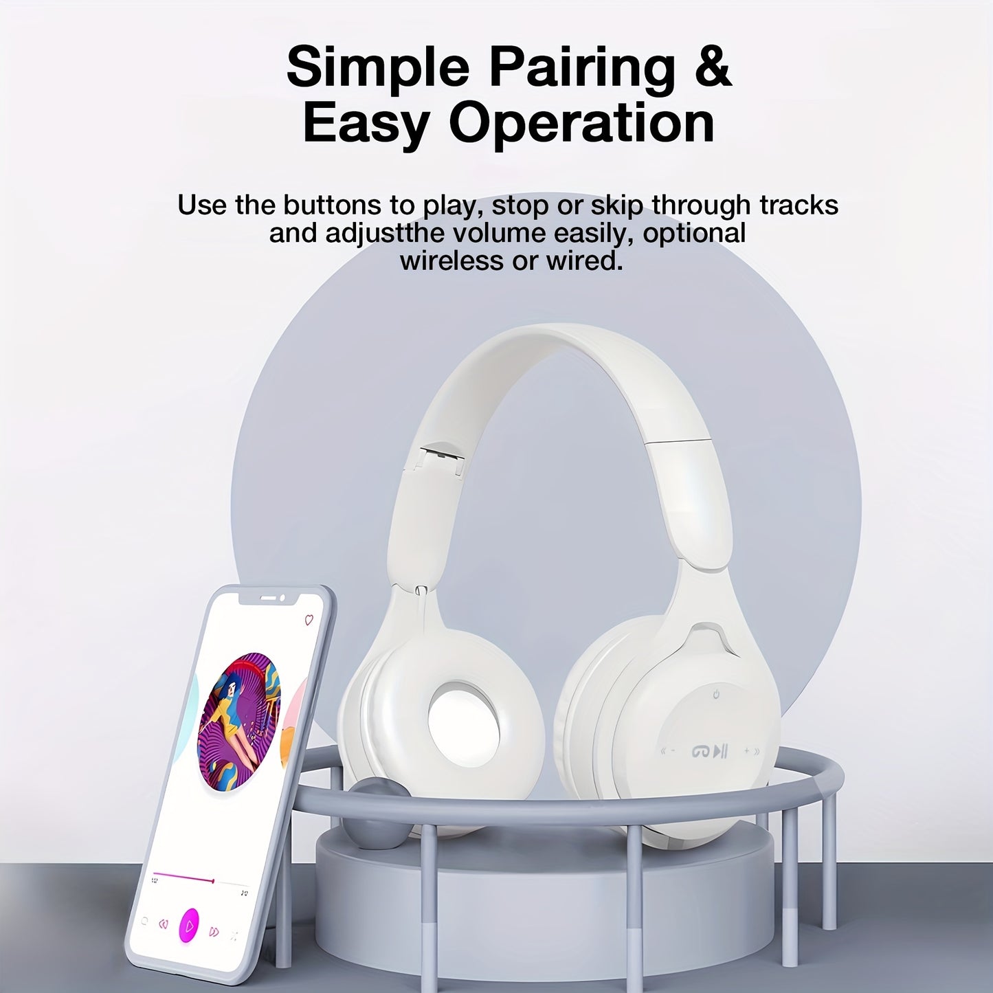 Wireless over-ear headset with 20 hours of playtime, foldable and comfortable for travel, home, office, suitable for kids, teens, adults, girls, and women.