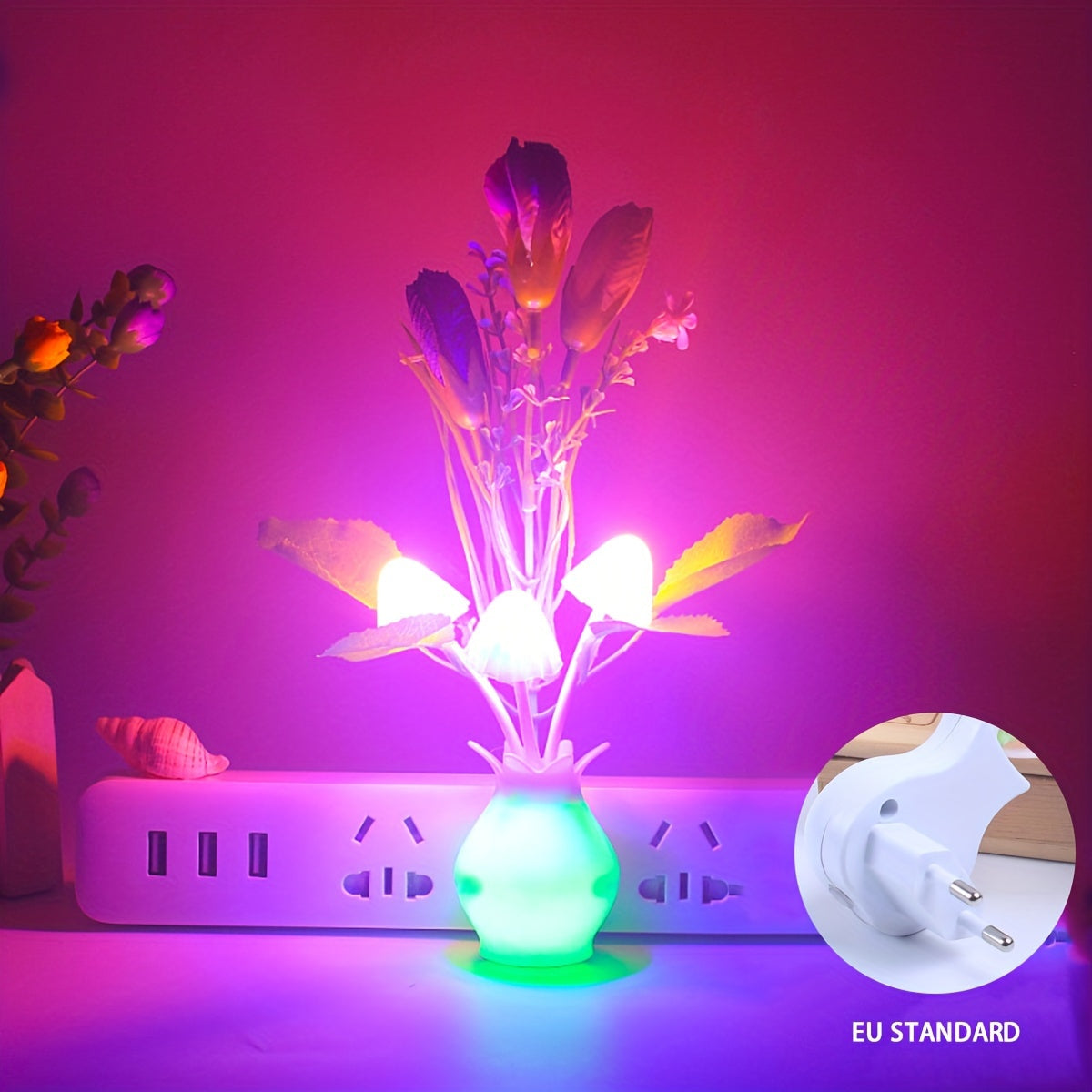 Walleaf LED Mushroom Night Light features a Dusk to Dawn Sensor for gentle ambient lighting. Perfect for wall decor, this soft and non-glaring light is easily plug-in with European Standard.