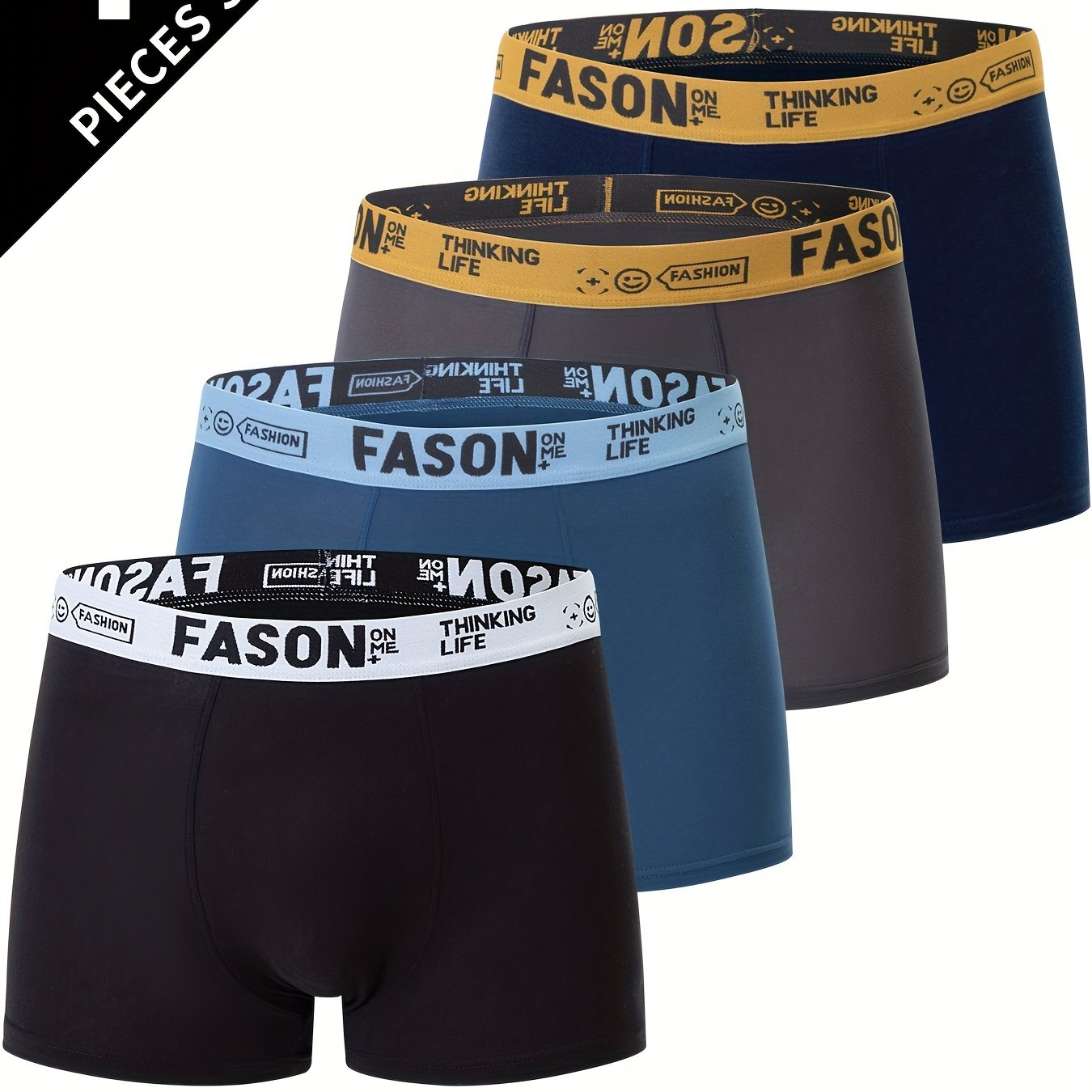 4pcs Men's boxer briefs in solid colors (yellow, blue, dark blue, navy) with stretch waistband. Polyester blend, hand wash only. Stylish and supportive underwear.