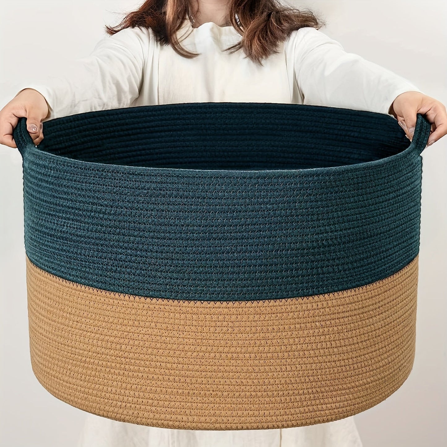 Large XXXLarge Rope Woven Basket, Measures 50.8cm x 50.8cm x 34.04cm. Ideal for Laundry, Blanket Storage in Living Room & Bedroom. Features Toy Organizer Basket with Handle. Perfect for Storing Comforter Cushions, Laundry Hamper Storage, and Home