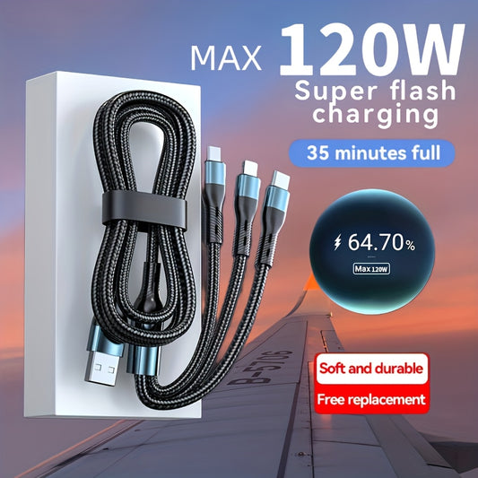 3-in-1 USB fast charging cable for Realme, Samsung, Huawei P50 phones, 50-80W.