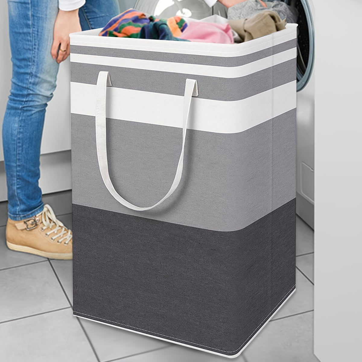 Large laundry baskets, available in singles or sets of two, are waterproof and designed for independent use. The high-tube baskets are foldable and have extended handles, making them suitable for dormitories and families. Available in gradient gray, each