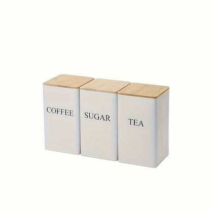 Modern Square Metal Canisters with Bamboo Lids Set of 3 - Ideal for Storing Tea, Coffee, Sugar & Snacks | Safe and Stylish Kitchen Storage Option