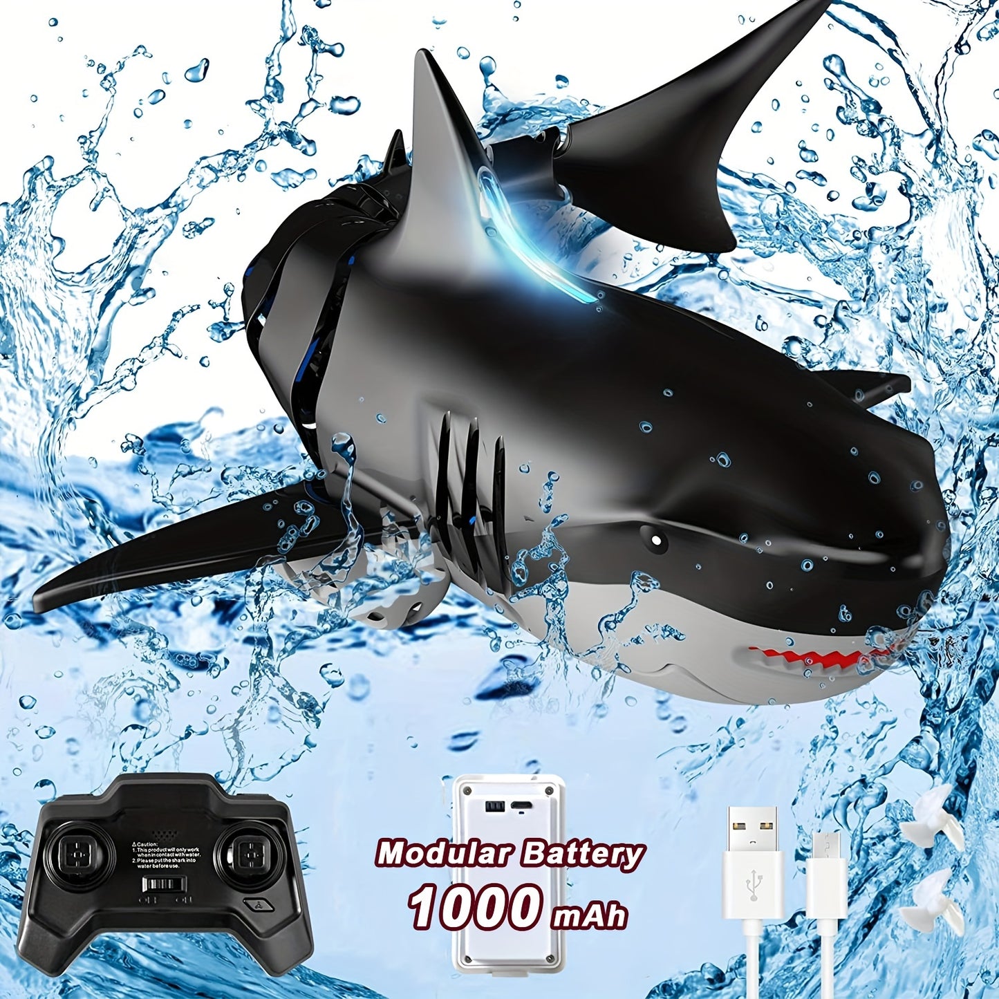 Improved remote control shark pool toy for kids, 2.4GHz waterproof boat with 1000mAh battery.