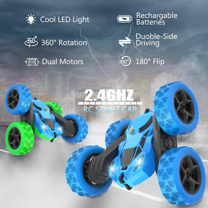 2.4GHz RC Stunt Car with 360° Rotation, LED Headlights, 4WD, Rechargeable Battery, Push Button Control, Military & Superhero Themes, Durable Plastic - Battery-Powered Racing Toy for Kids