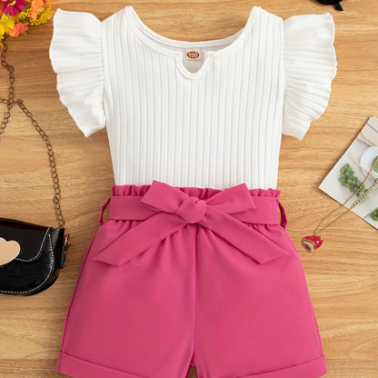 Set of 2 trendy girls top and shorts with bow belt for summer outfit