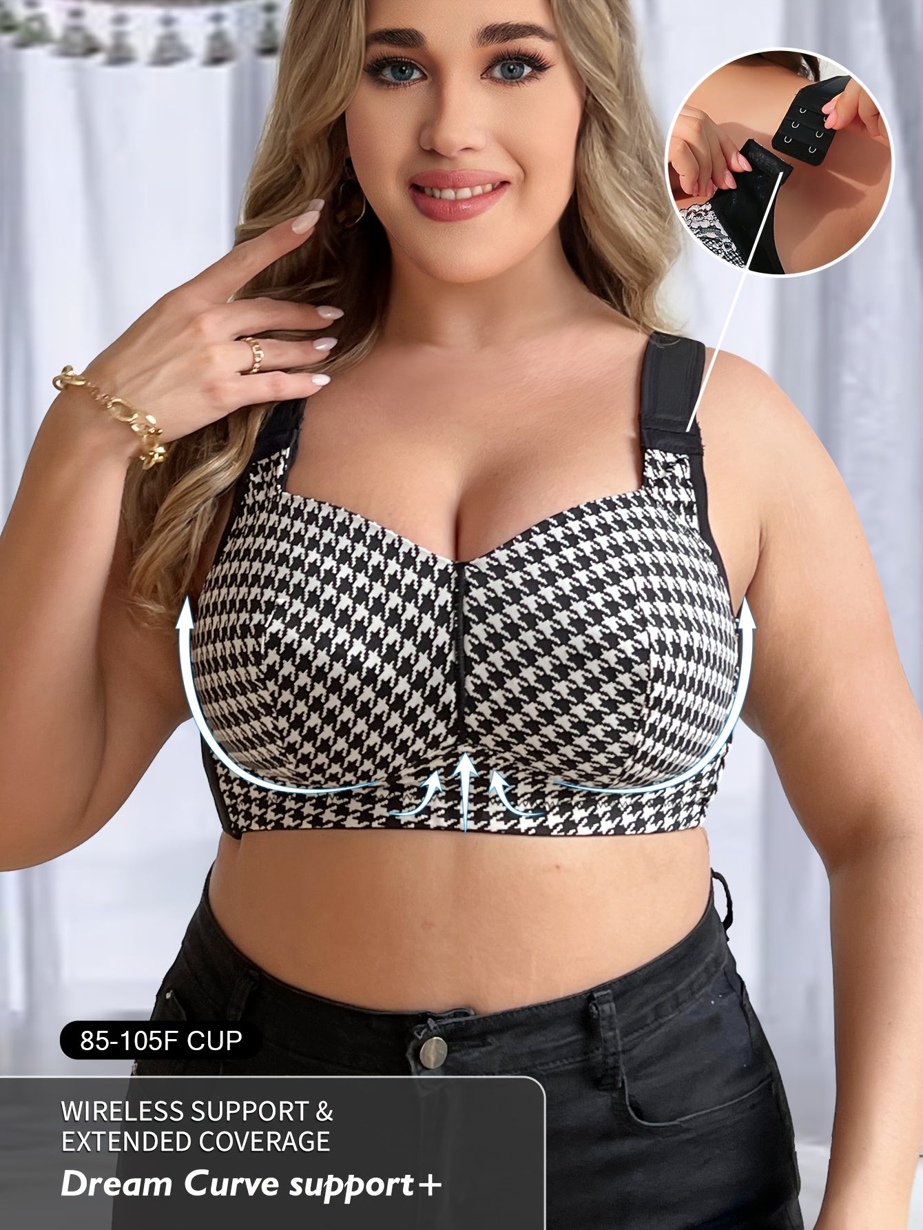 Houndstooth bralette for plus size with elegant fabric, wireless, no padding, medium stretch, and applique detail in a one-piece style.