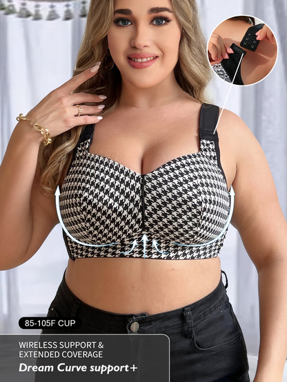 Houndstooth bralette kattalar uchun, nafis mato bilan, simsiz, to'ldirishsiz, o'rtacha cho'zilish, va bir parcha uslubida appliqué tafsilotlari bilan.