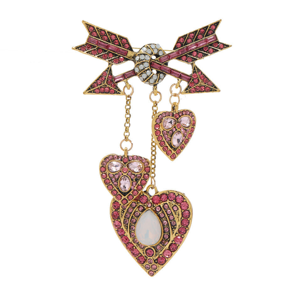 Vintage Heavy Industry Cupid Love Arrow Heart Brooch with Tassel Accent.