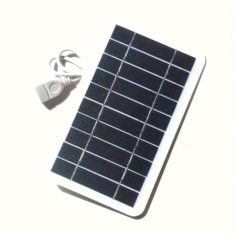 Portable outdoor solar USB charger with movable solar panel for charging phones, flashlights, and fans, ideal for travel, camping, and outings with pets.