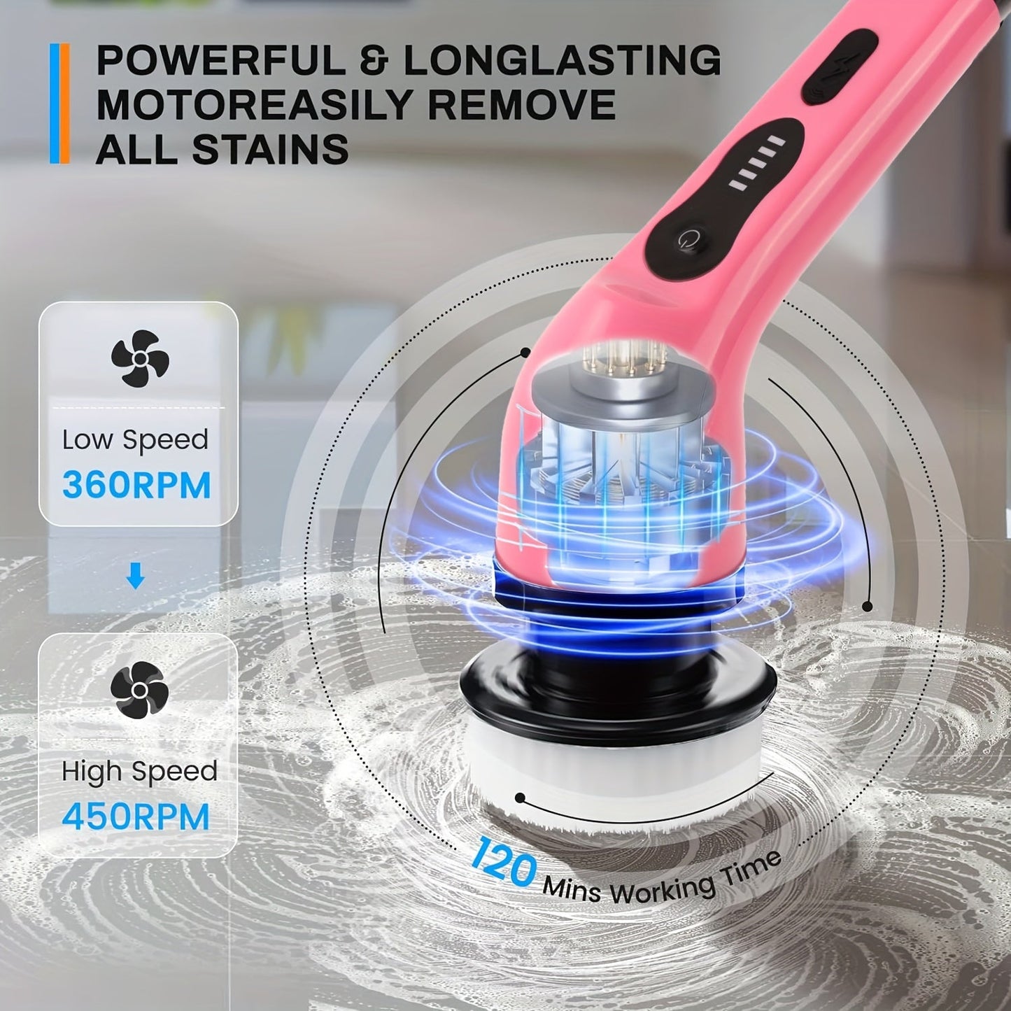 IAGREEA Electric Rotating Scrubber comes with 9/6 Replaceable Brush Heads, Adjustable Speed, Extendable Handle, USB Rechargeable 2000mAh Lithium Battery, Power Indicator, perfect for Home/Office Cleaning, Great as a Gift Option.