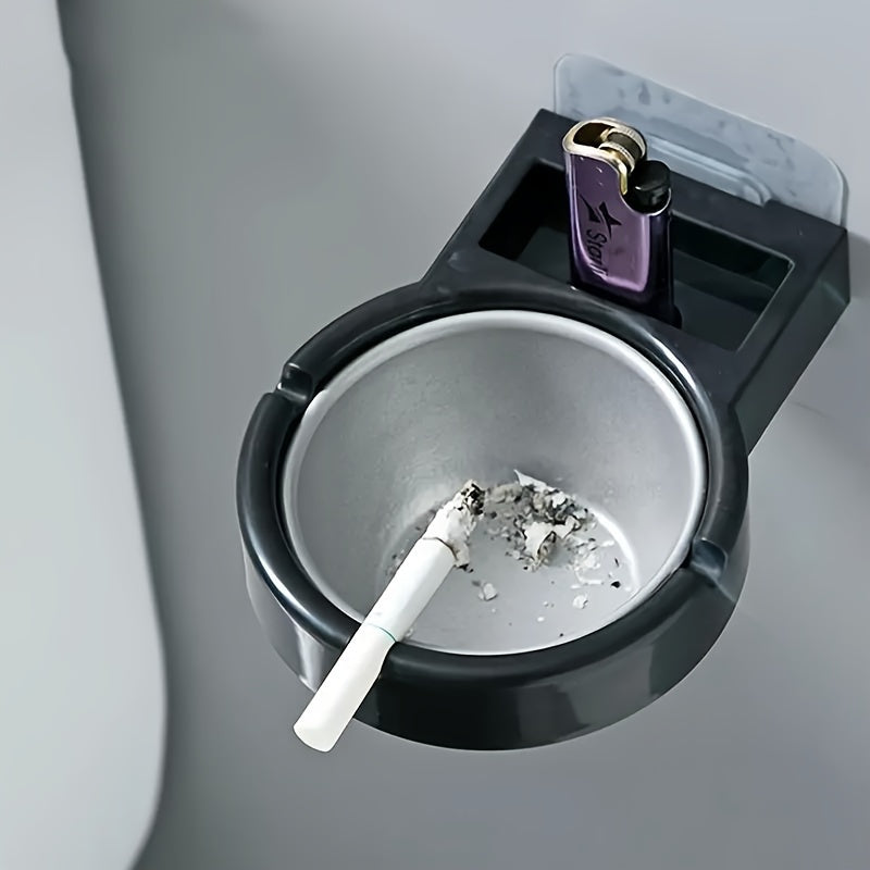 Sleek modern wall-mounted ashtray with shelf, no drilling required. Holds cigarettes and lighter, perfect for home or office use.