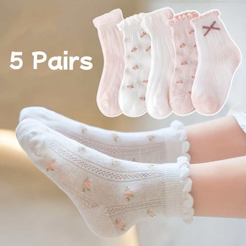 5 girls' mesh socks with bowknots - floral pattern, ideal for spring/summer