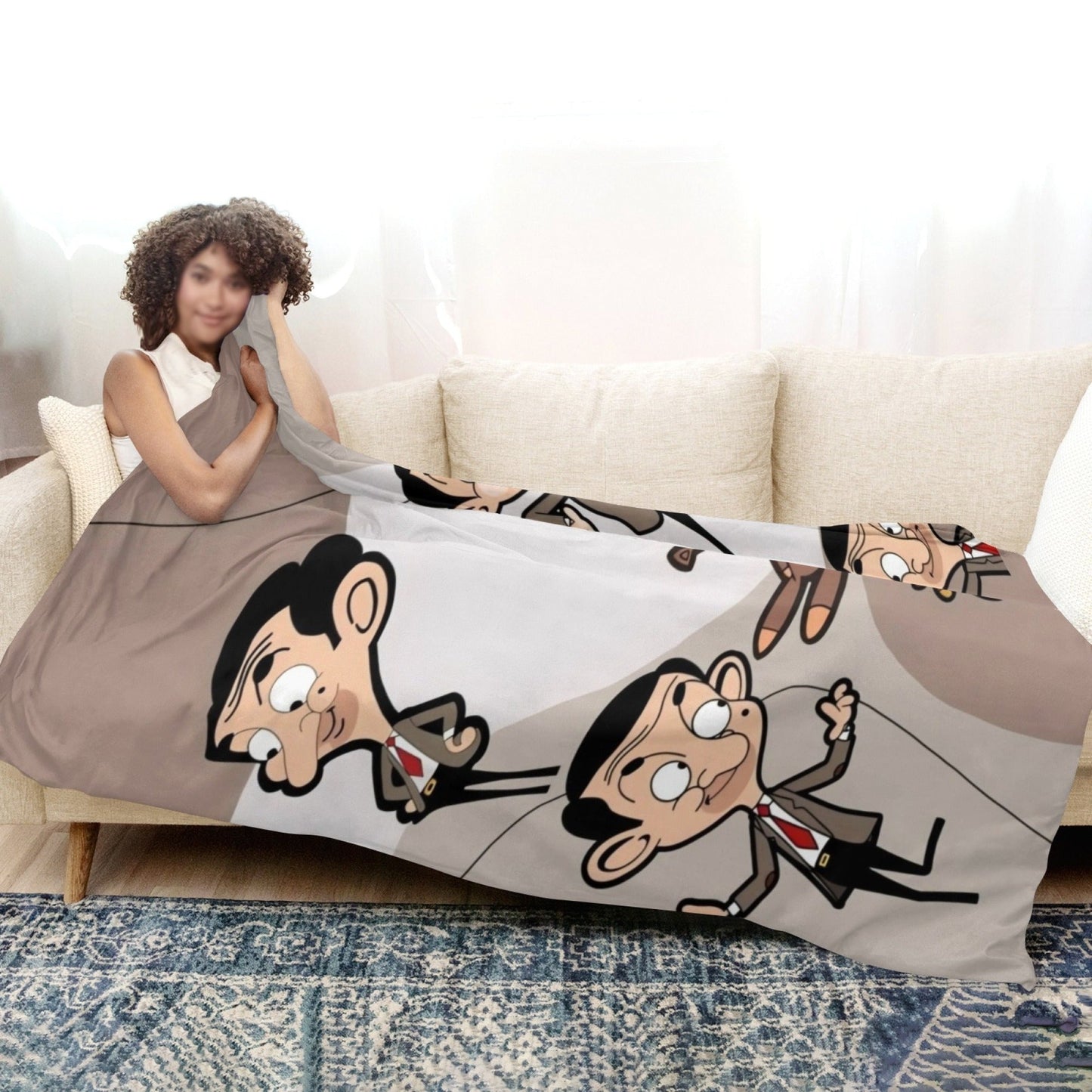 Soft Flannel Throw Blanket featuring Mr. Bean & Friends - Perfect for All Seasons, Durable and Reversible - Great for Sofa, Office, Bed, Camping, and Travel - Adorable Cartoon Design in Various Colors, Easy to Clean in the Washing Machine