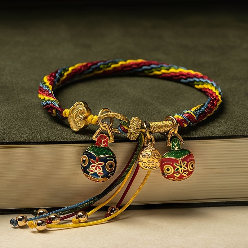 Handmade Chinese Style Braided Rope Bracelet with Colorful Swallowing Golden Beast Pendant, Lucky Bracelet for Women. Perfect Gift for Girlfriend or Friends.