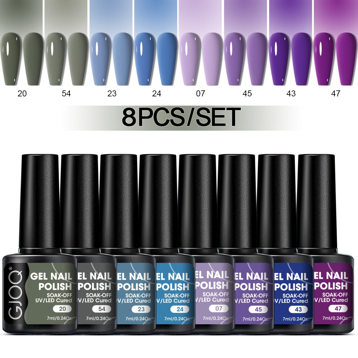 GJOQ 8-piece Gel Nail Polish Set: Long-lasting, UV/LED soakable, hypoallergenic, alcohol-free in neutral & glitter shades - ideal for DIY & salon.