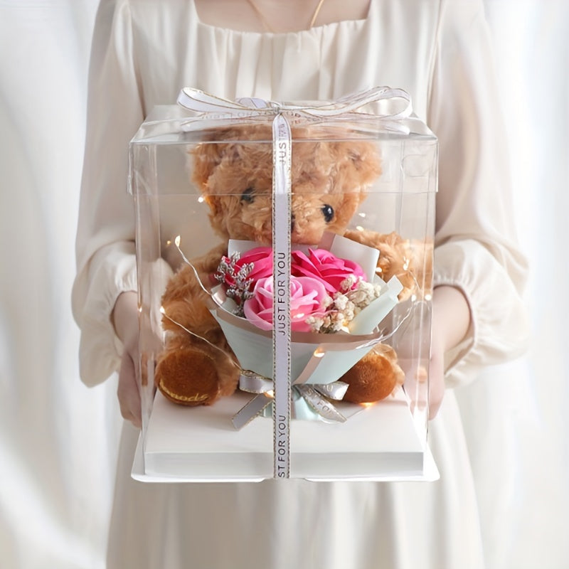 Valentine's Day Gift Box featuring a Adorable Bear Bouquet, Soap Flower Bear Holding Flower Main Gift, Ideal for Christmas, Birthdays, Nurse's Day, Teacher's Day, and other Special Occasions. Simple Assembly Required. Great All-Purpose Gift Box.