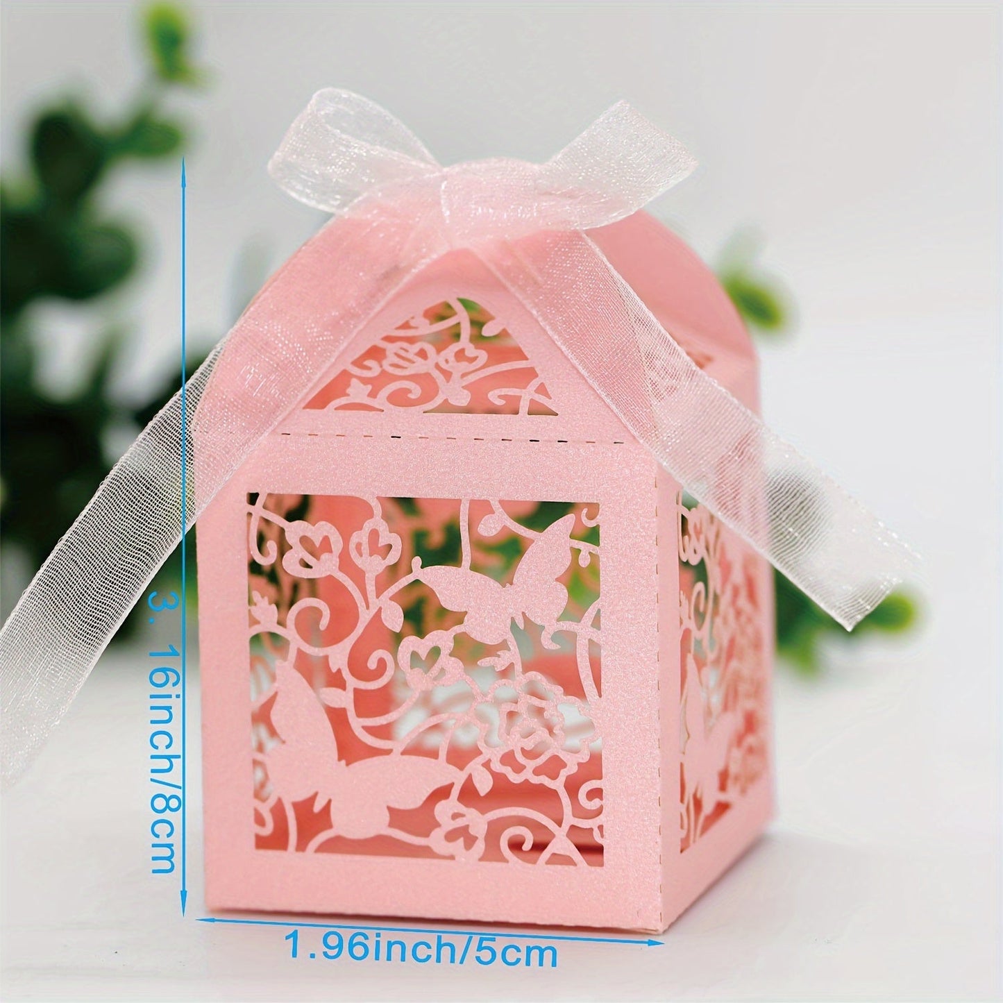 Laser Cut Candy Boxes with Pink Floral Butterfly Design - Set of 50 with Ribbons, Ideal for Weddings, Birthdays, and Bridal Showers