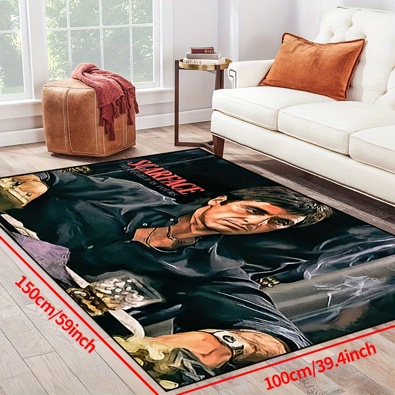 Non-slip machine washable polyester door mat carpet featuring a thick felt construction of 1000g per square meter. The mat measures 1pc in sizes ranging from 15x23 to 63x78 inches and showcases a design of a man sitting on a dark black background