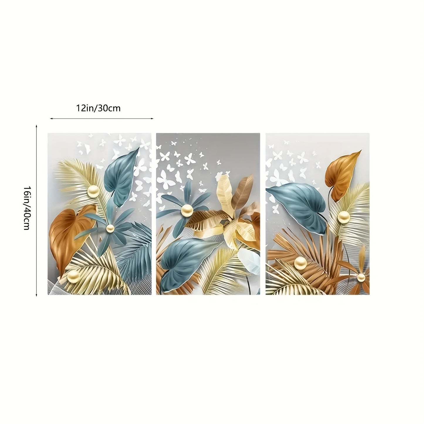 Frameless modern golden butterfly leaves canvas painting for living room decor, 3 pieces, 12x16in/30x40cm, no frame.