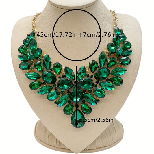 Shiny Faux Crystal Bib Necklace with Colorful Iced Out Design - Elegant Zinc Alloy Neck Jewelry for Parties and Events