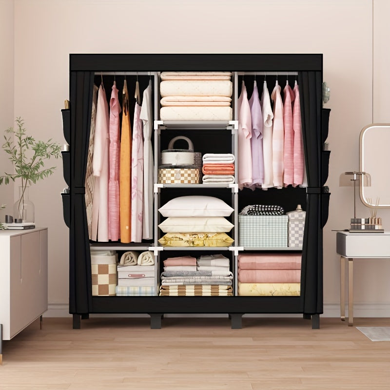 Introducing the OUMYJIA 1m3 Black Simple Fabric Wardrobe with Side Pockets! This versatile home storage organizer is a must-have for any living space. From hanging clothes to storing shoes, this multi-functional clothing rack is perfect for rent houses