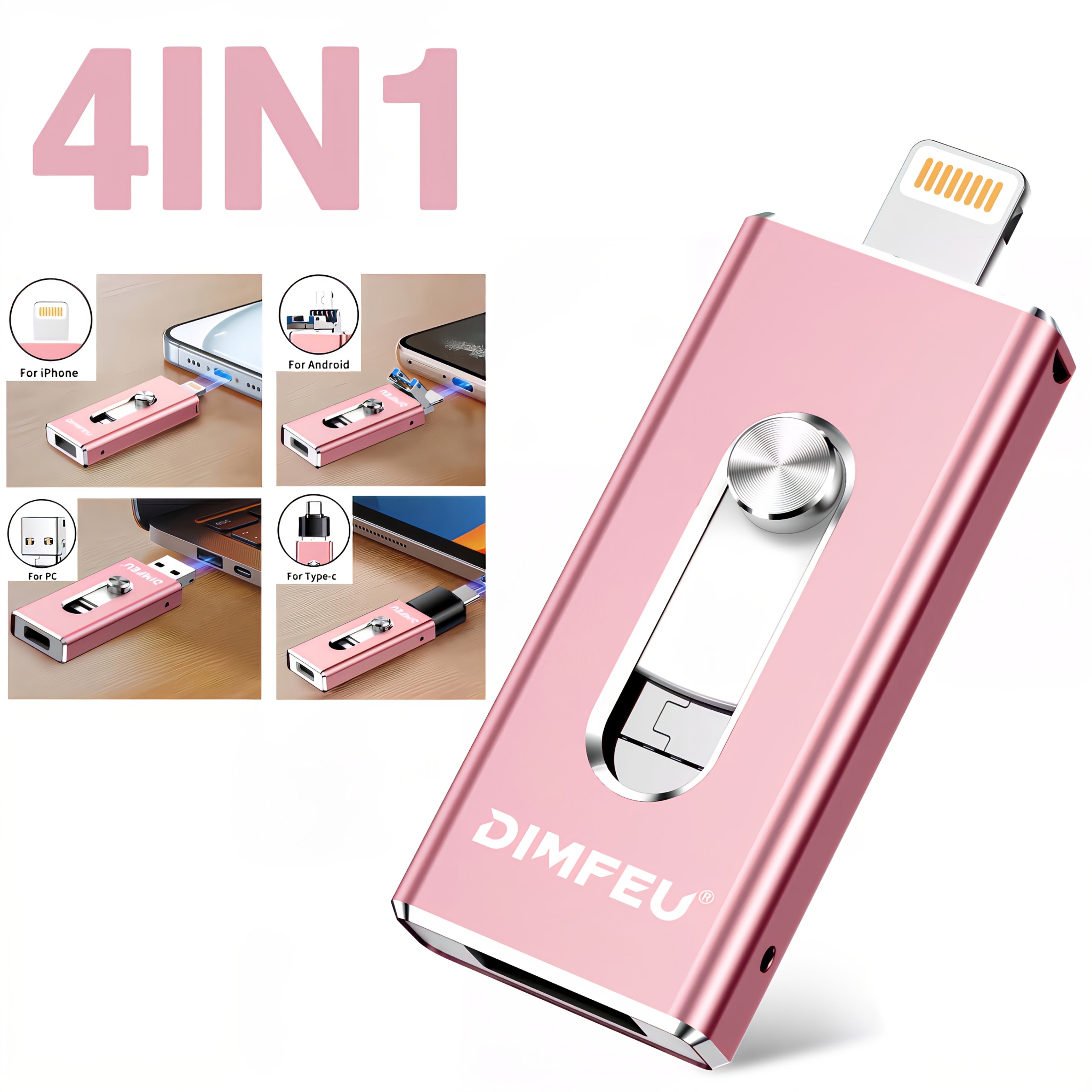 256GB/128GB/64GB/32GB MFi Flash Drive with Lightning/Type-C/USB 3.0 compatibility for high-speed external storage on iPhone, iPad, Android, and PC.