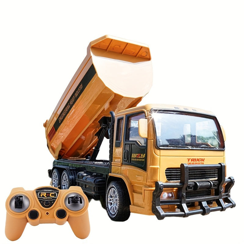 FUUY 2.4Ghz RC Dump Truck Toy Car for kids 6-10 Years Old, 6 Channel, Light and Sound, USB Charging, Rechargeable Battery, 360° Rotation, 45° Tilt, Plastic