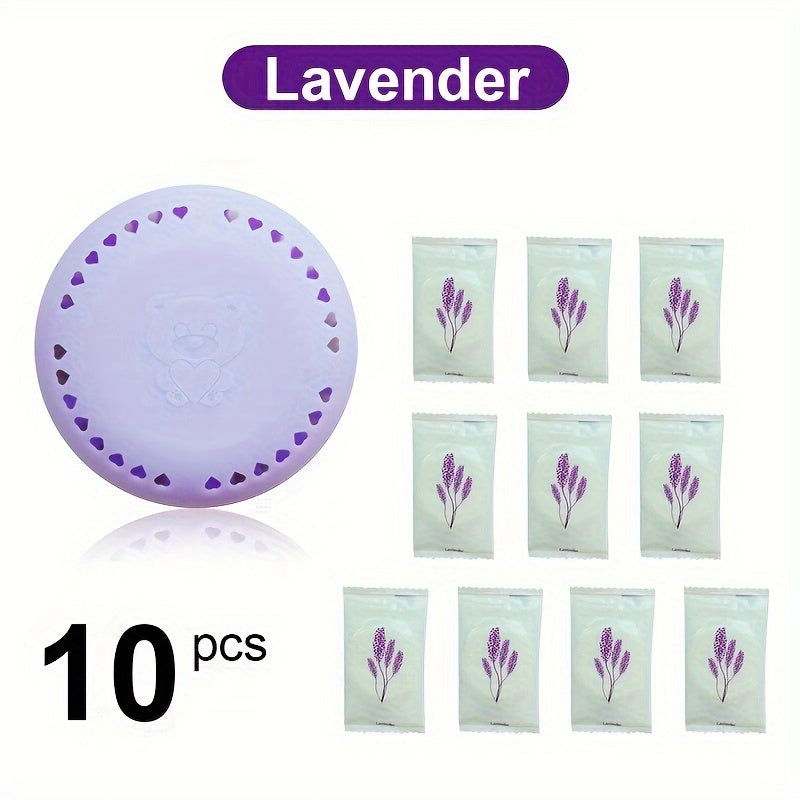 10 scented air freshener tablets in Cherry Blossom & Lavender scent for long-lasting odor elimination in various spaces. Made with compressed solid deodorizer and includes an extra shell.