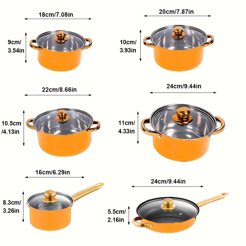 Набор из 12 оранжевых кастрюль и сковородок из нержавеющей стали с антипригарным покрытием и стеклянными крышками - многофункциональные кастрюли и сковороды для приготовления различных кухонь.