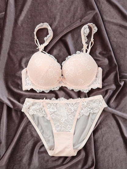 Stylish lace lingerie set with molded push-up bra and briefs for women.