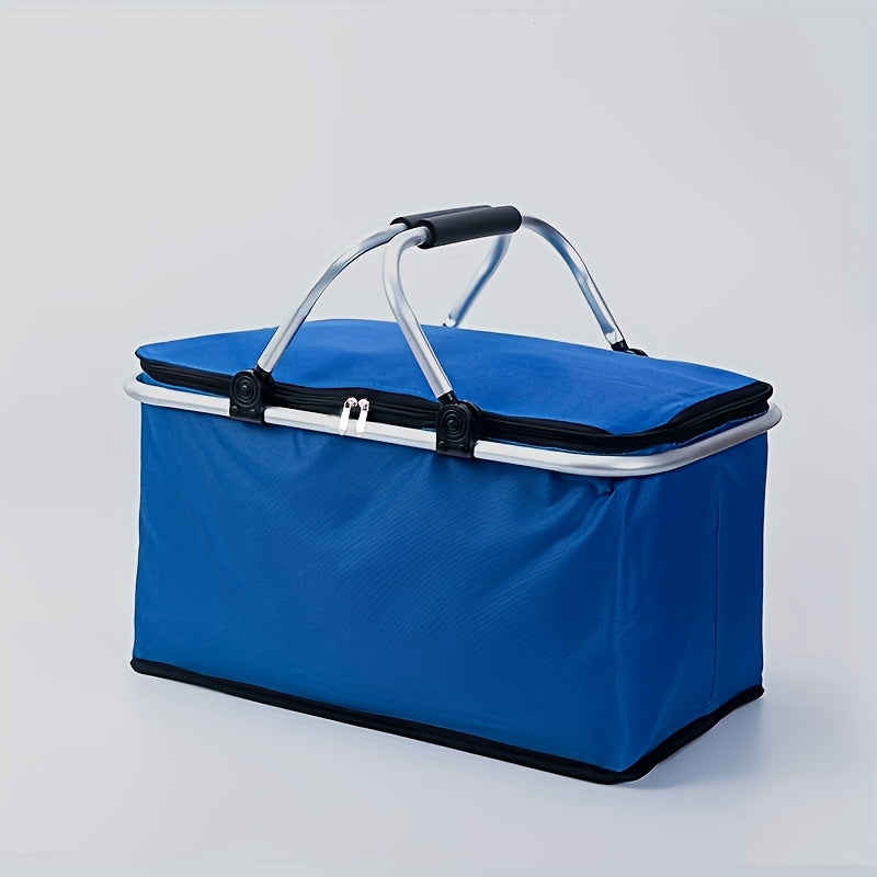 Foldable insulated picnic bag with handle for outdoor travel, in black nylon.