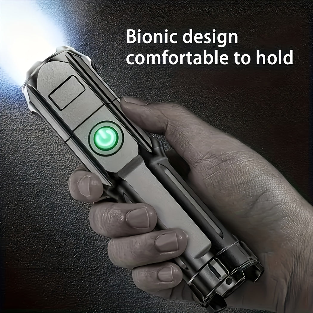 Powerful, compact LED flashlight with 3 modes, rechargeable and zoomable, for camping and emergencies